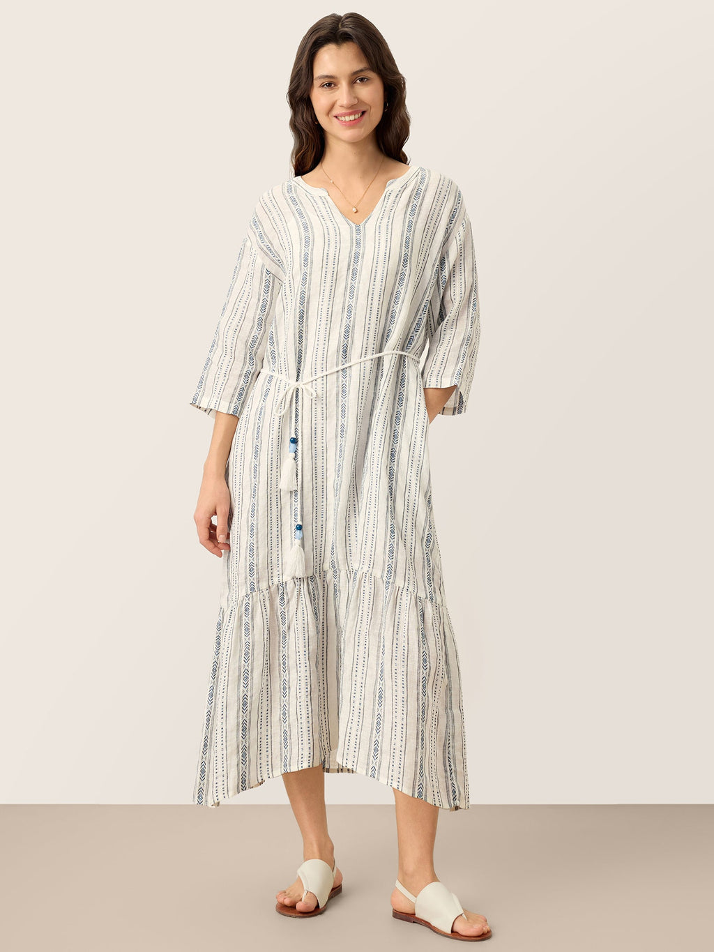 LINTICO Linen Tribal Stripe Split Neck Bohemian Ruffle Maxi Dress with Woven Belt and Slip MARLOWE — dresses-maxi dresses-linen blend category context