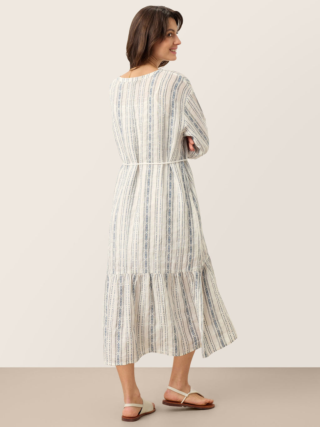 LINTICO Linen Tribal Stripe Split Neck Bohemian Ruffle Maxi Dress with Woven Belt and Slip MARLOWE — LINTICO branding close-up