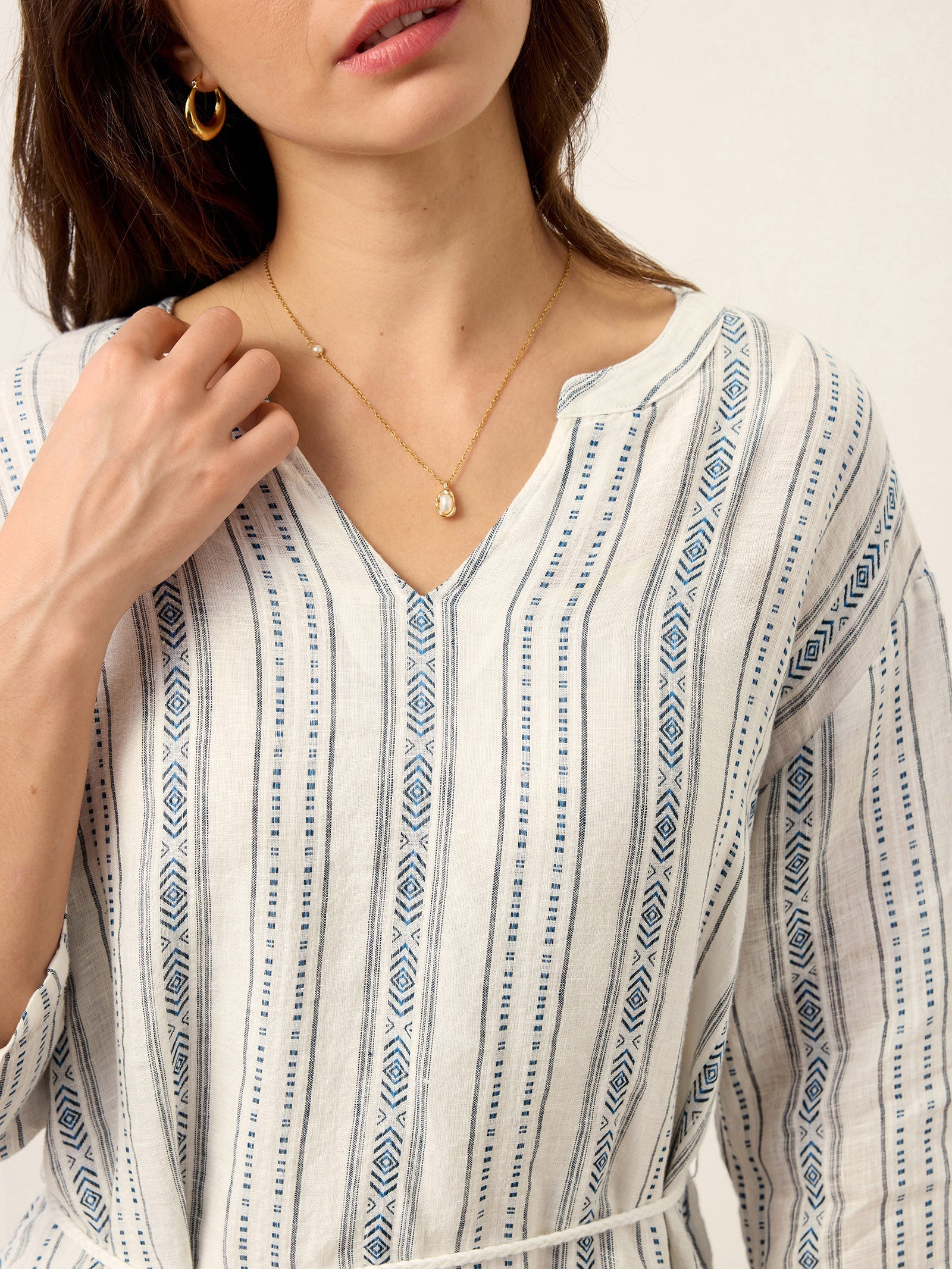 LINTICO Linen Tribal Stripe Split Neck Bohemian Ruffle Maxi Dress with Woven Belt and Slip MARLOWE — detail shot 9