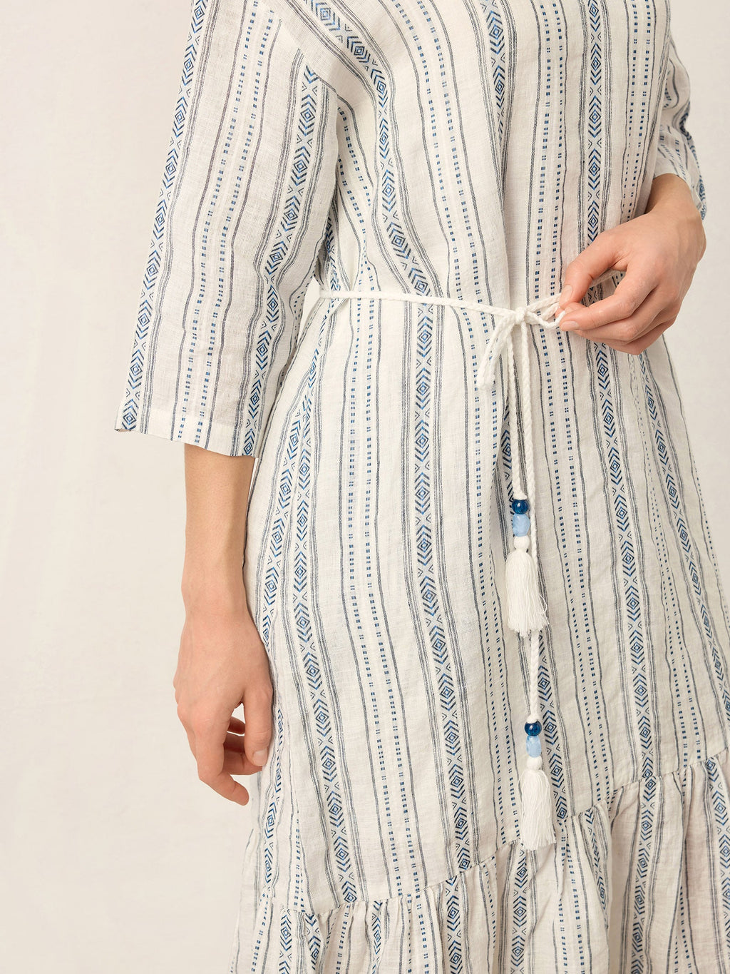 LINTICO Linen Tribal Stripe Split Neck Bohemian Ruffle Maxi Dress with Woven Belt and Slip MARLOWE — detail shot 10