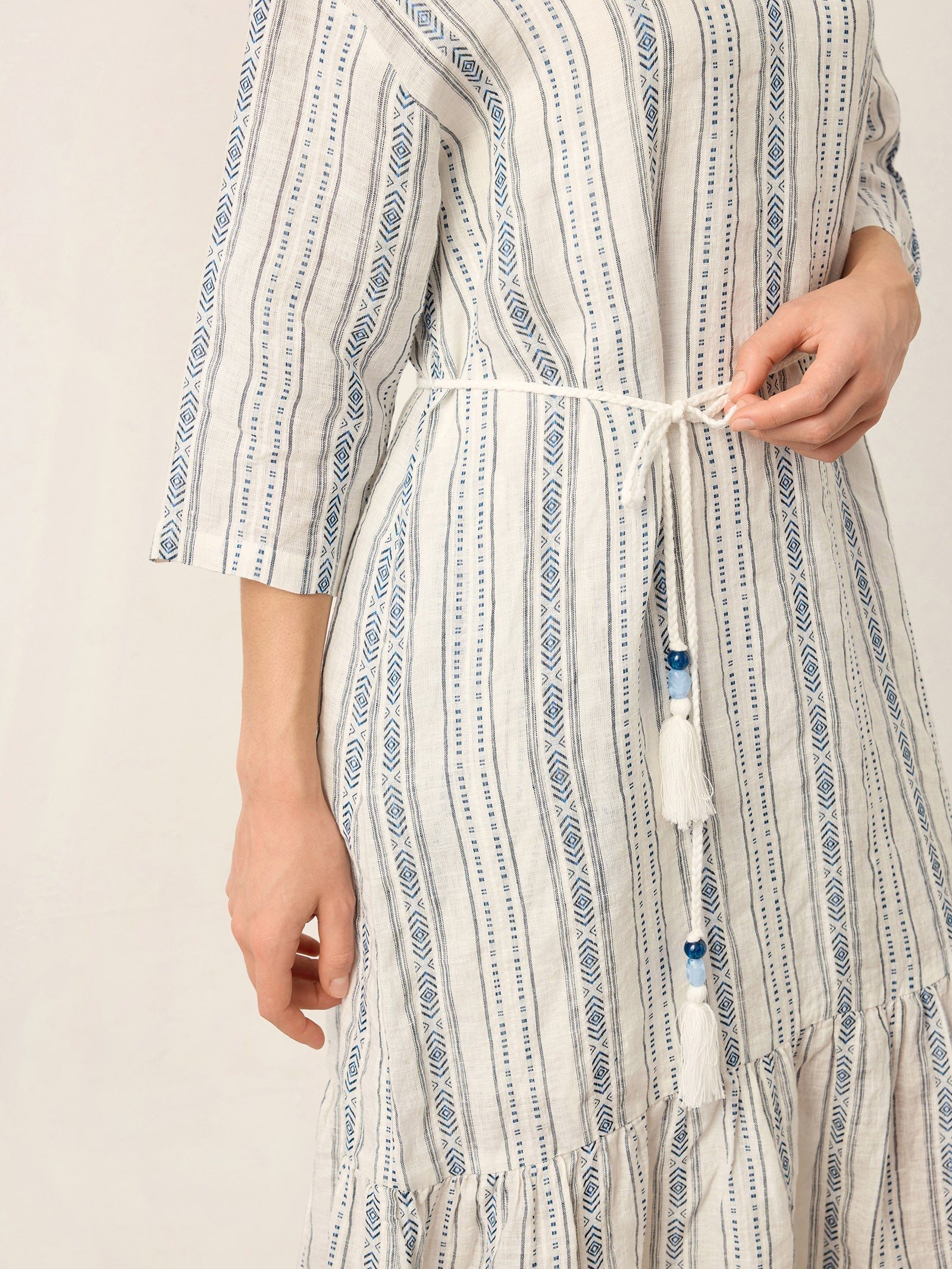 LINTICO Linen Tribal Stripe Split Neck Bohemian Ruffle Maxi Dress with Woven Belt and Slip MARLOWE — detail shot 10