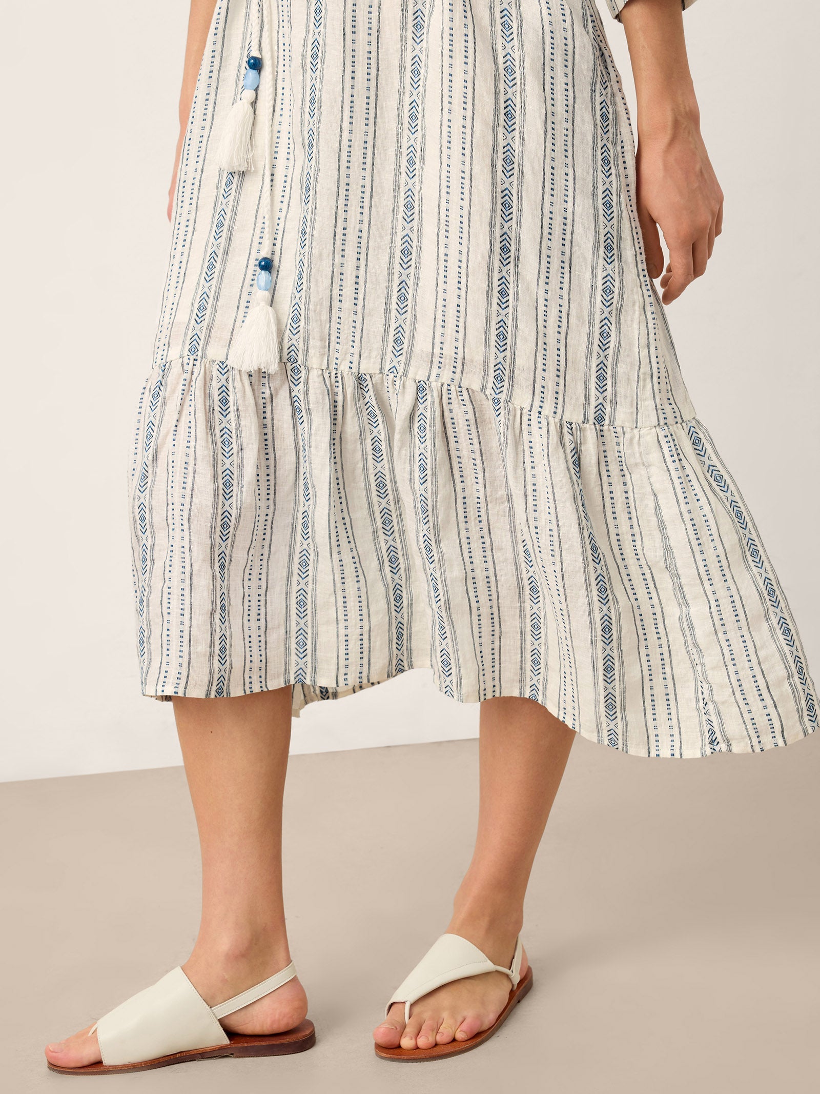 LINTICO Linen Tribal Stripe Split Neck Bohemian Ruffle Maxi Dress with Woven Belt and Slip MARLOWE — comparison shot