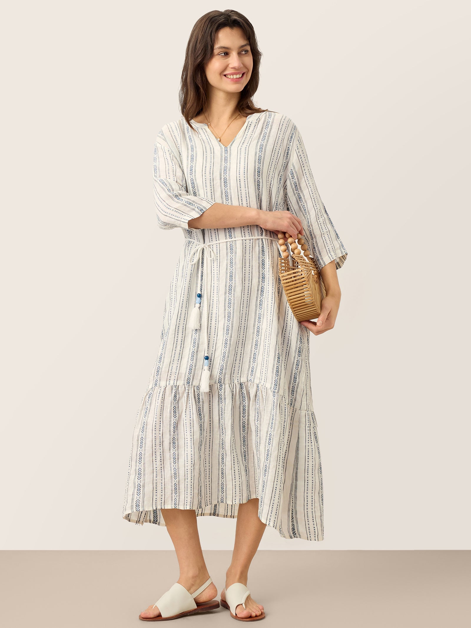 LINTICO Linen Tribal Stripe Split Neck Bohemian Ruffle Maxi Dress with Woven Belt and Slip MARLOWE — fabric or material detai