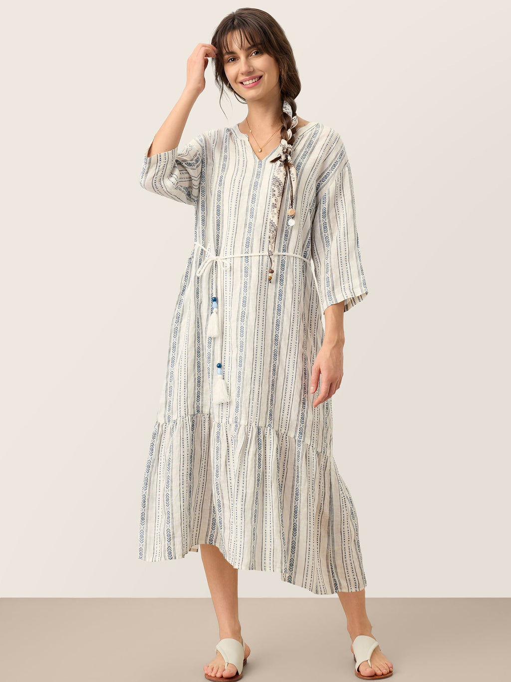 LINTICO Linen Tribal Stripe Split Neck Bohemian Ruffle Maxi Dress with Woven Belt and Slip MARLOWE — detail shot 8