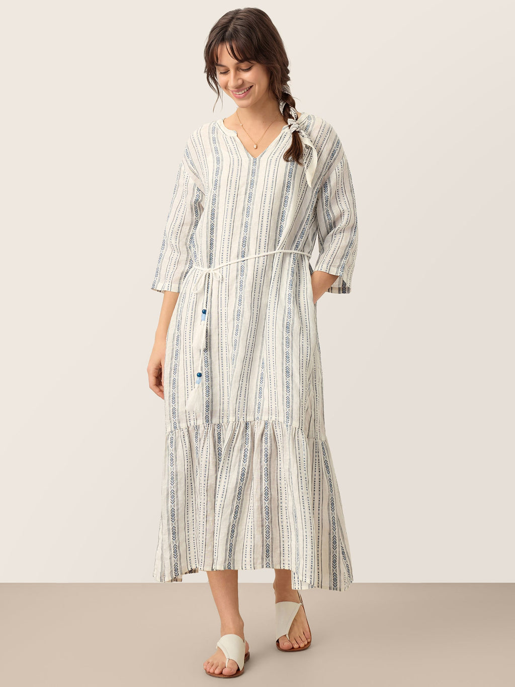 LINTICO Linen Tribal Stripe Split Neck Bohemian Ruffle Maxi Dress with Woven Belt and Slip MARLOWE — main product shot