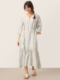 LINTICO Linen Tribal Stripe Split Neck Bohemian Ruffle Maxi Dress with Woven Belt and Slip MARLOWE — main product shot