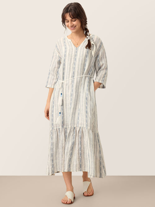 LINTICO Linen Tribal Stripe Split Neck Bohemian Ruffle Maxi Dress with Woven Belt and Slip MARLOWE — main product shot