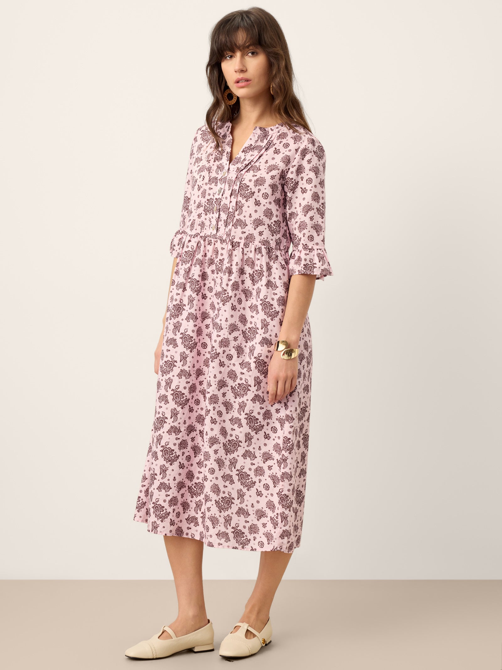 LINTICO Linen Paisley Pintucked Ruffle-Cuff Maxi Dress MAELYN — detail shot 6