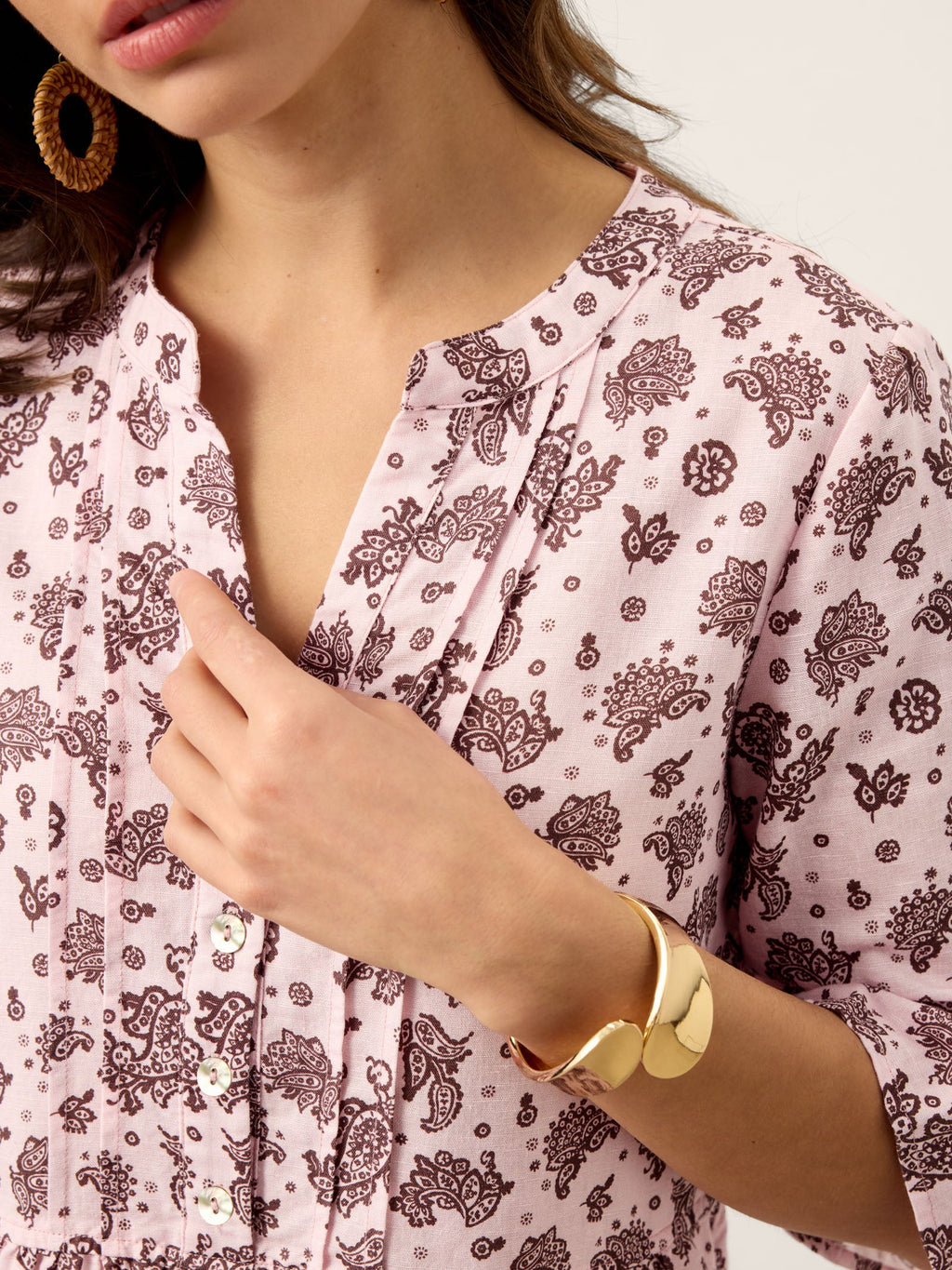 LINTICO Linen Paisley Pintucked Ruffle-Cuff Maxi Dress MAELYN — detail shot 8