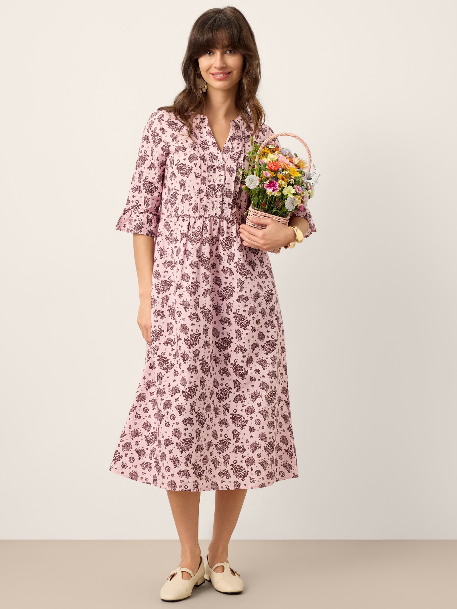 LINTICO Linen Paisley Pintucked Ruffle-Cuff Maxi Dress MAELYN — detail shot 10