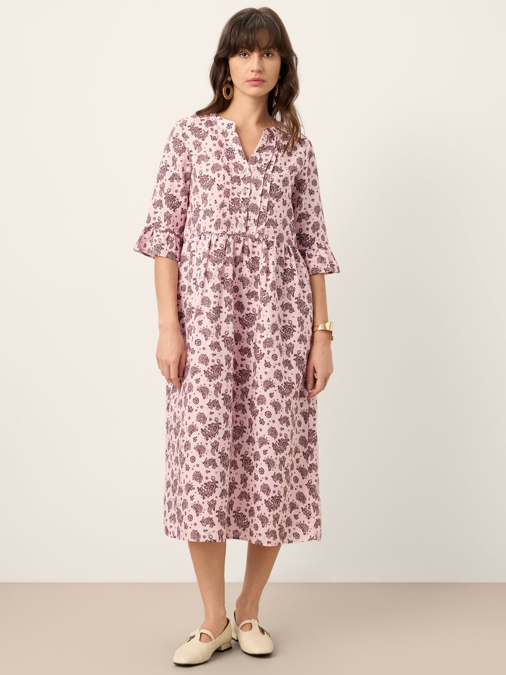 LINTICO Linen Paisley Pintucked Ruffle-Cuff Maxi Dress MAELYN — lifestyle worn / used context