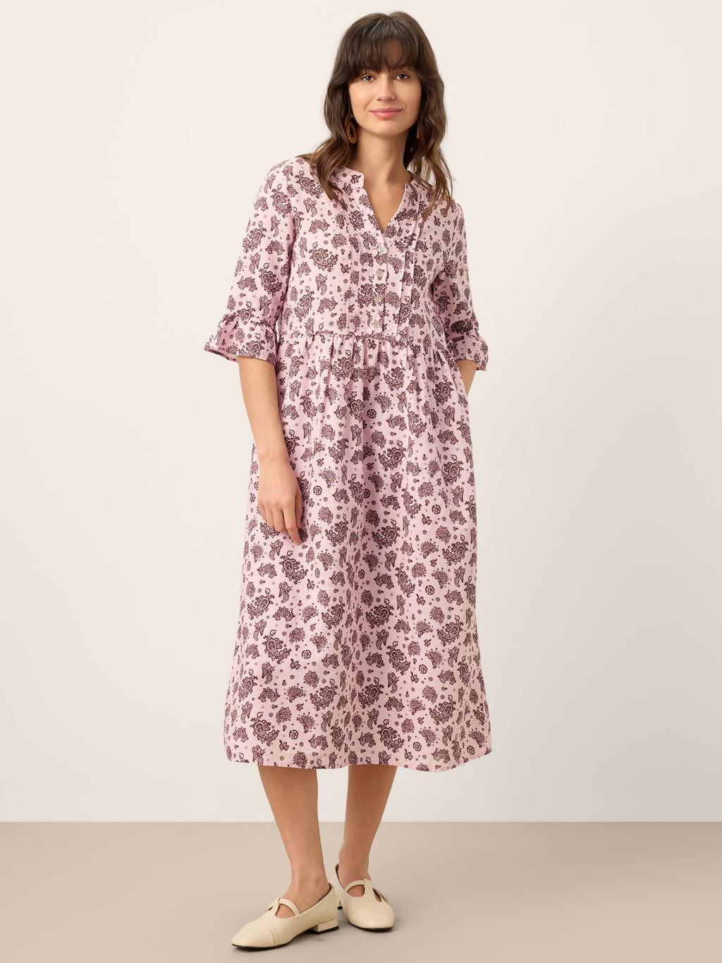 LINTICO Linen Paisley Pintucked Ruffle-Cuff Maxi Dress MAELYN — main product shot
