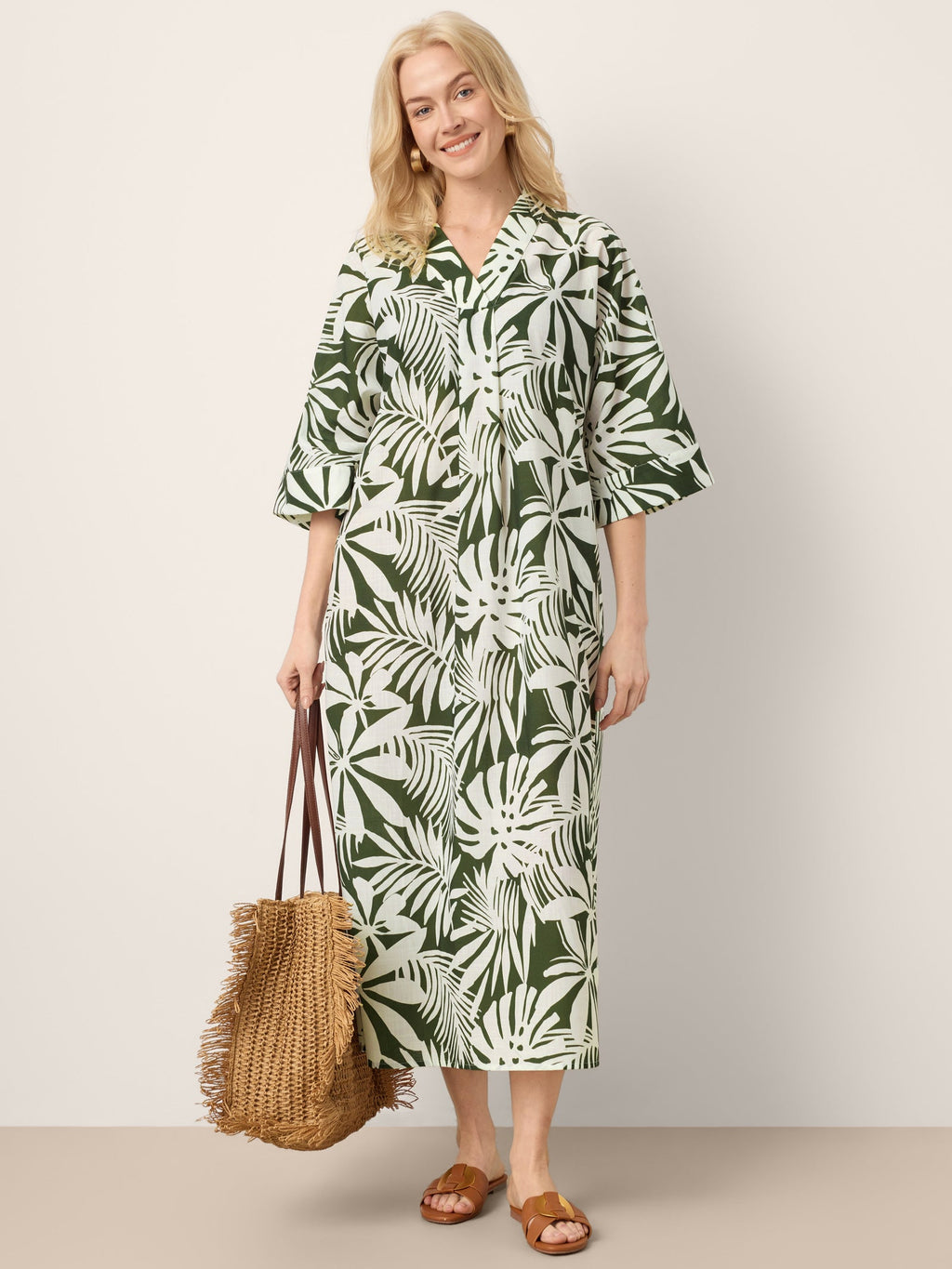 LINTICO Linen Palm Print Camp Collar Relaxed Maxi Shirt Dress MINERVA — size reference