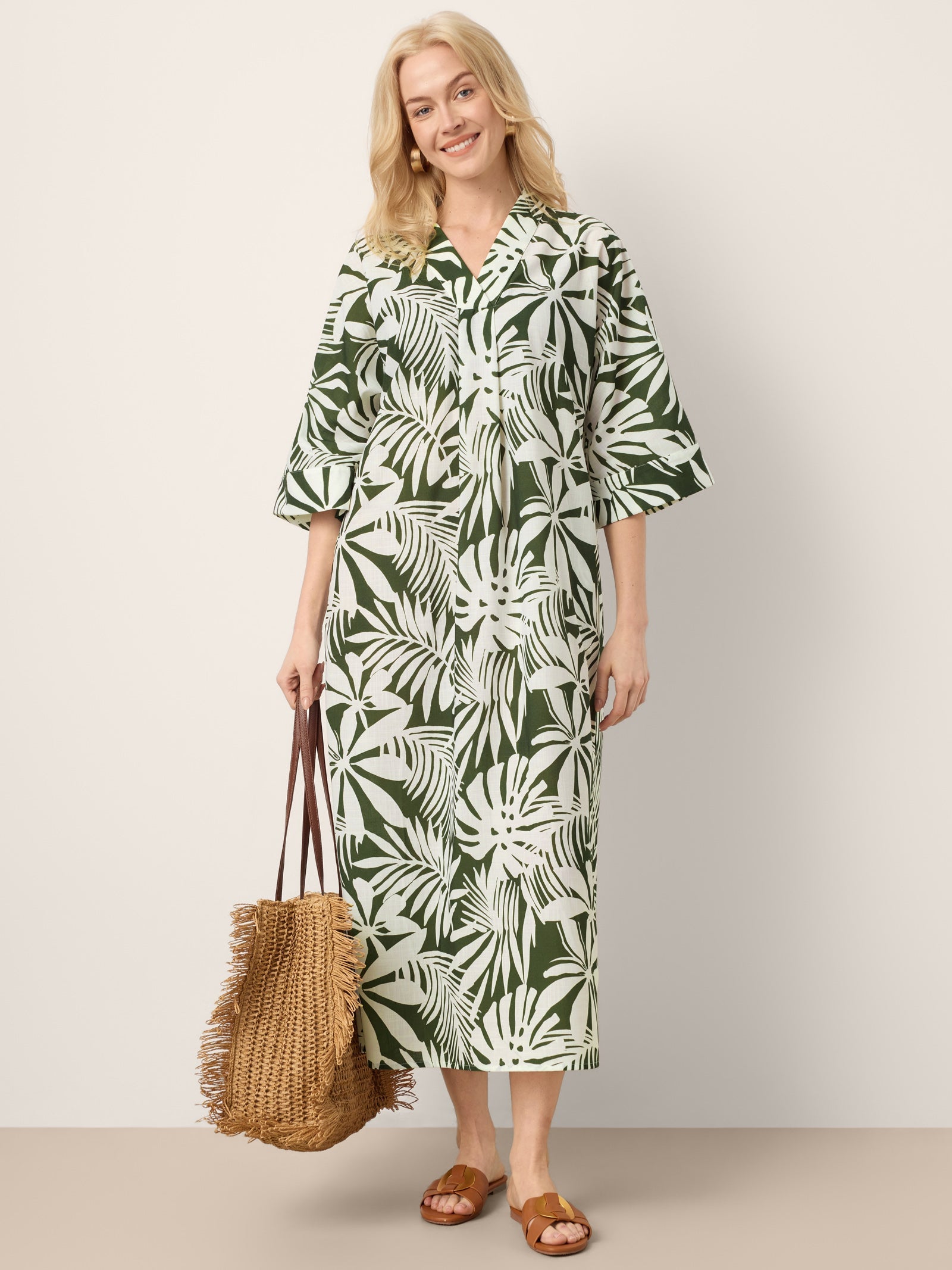 LINTICO Linen Palm Print Camp Collar Relaxed Maxi Shirt Dress MINERVA — size reference