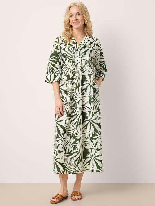 LINTICO Linen Palm Print Camp Collar Relaxed Maxi Shirt Dress MINERVA — main product shot
