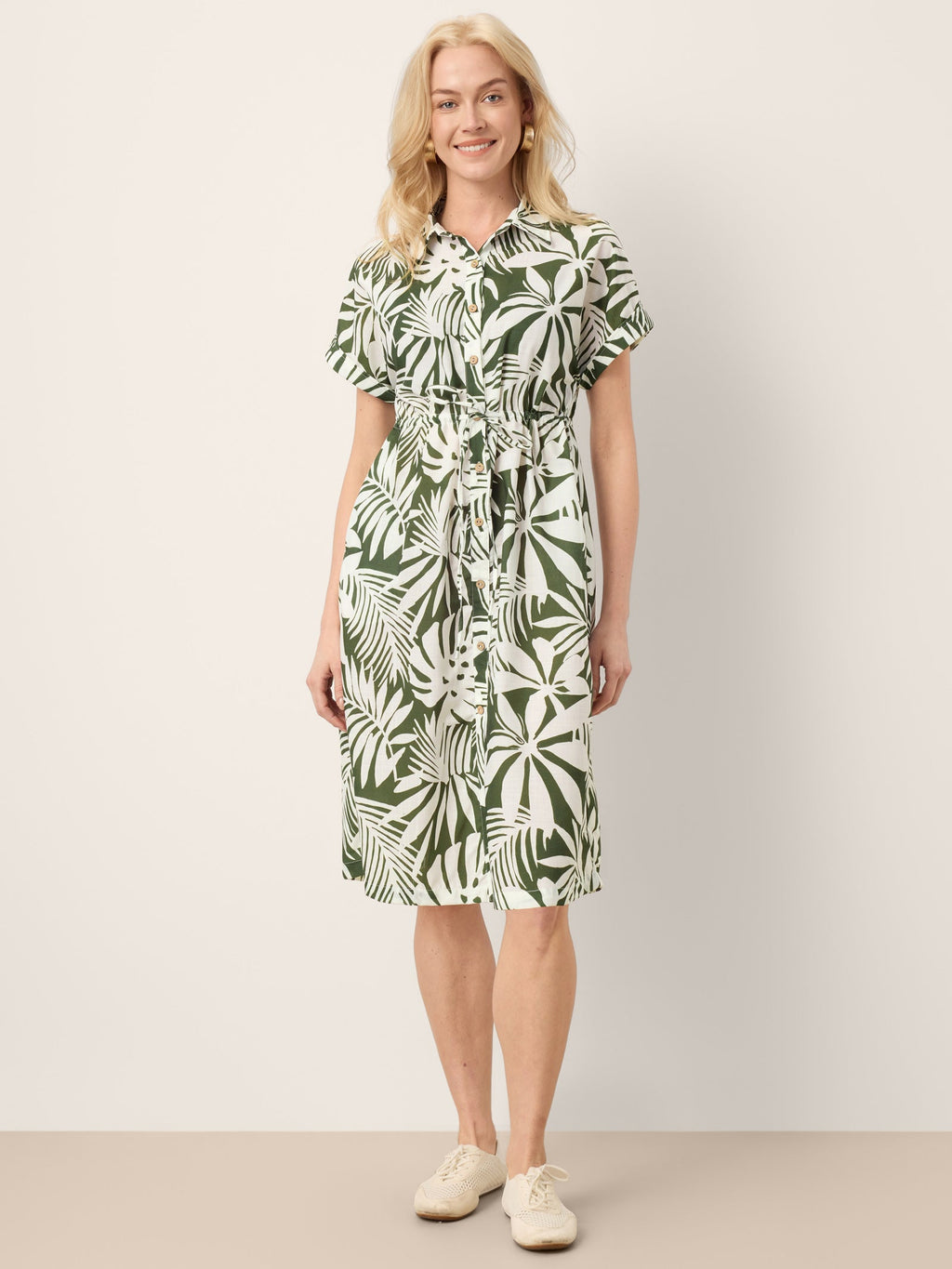 Linen Palm Print Drawstring Waist Cuffed Sleeve Midi Shirt Dress AURELIA