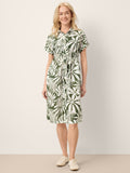 Linen Palm Print Drawstring Waist Cuffed Sleeve Midi Shirt Dress AURELIA
