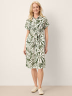 Linen Palm Print Drawstring Waist Cuffed Sleeve Midi Shirt Dress AURELIA