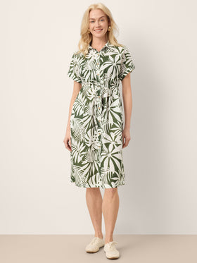 Linen Palm Print Drawstring Waist Cuffed Sleeve Midi Shirt Dress AURELIA