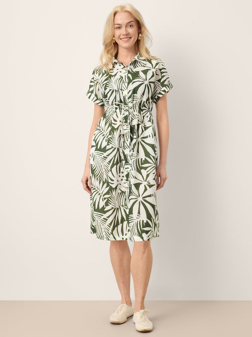 LINTICO Linen Palm Print Drawstring Waist Cuffed Sleeve Midi Shirt Dress AURELIA — main product shot
