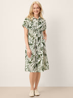 Linen Palm Print Drawstring Waist Cuffed Sleeve Midi Shirt Dress AURELIA