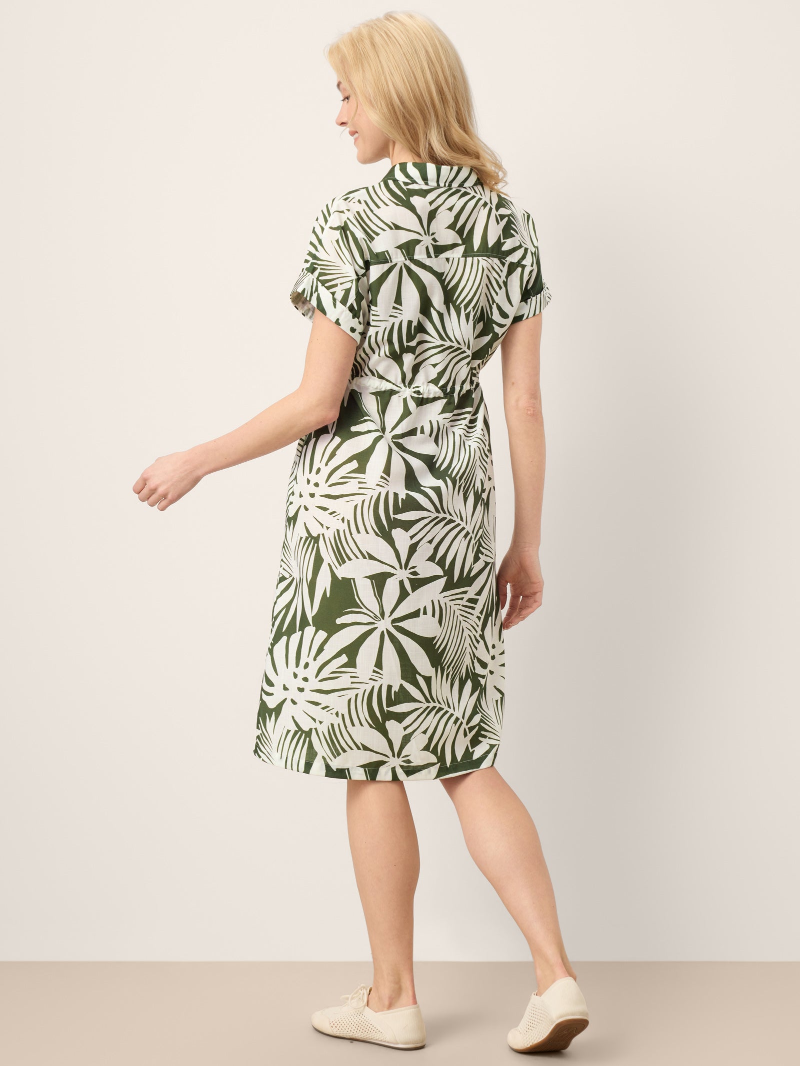 Linen Palm Print Drawstring Waist Cuffed Sleeve Midi Shirt Dress AURELIA