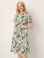 Linen Palm Print Drawstring Waist Cuffed Sleeve Midi Shirt Dress AURELIA