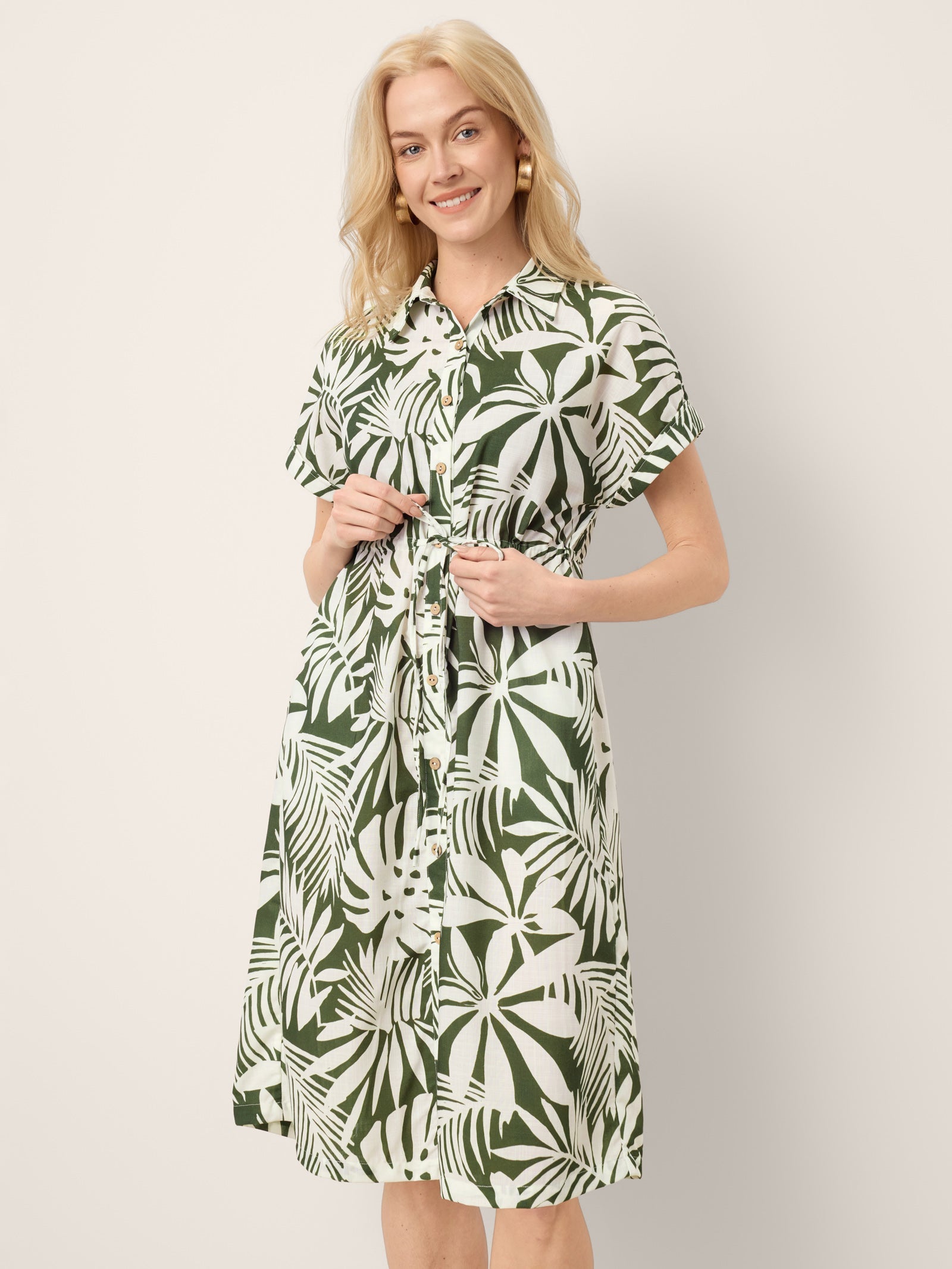 Linen Palm Print Drawstring Waist Cuffed Sleeve Midi Shirt Dress AURELIA