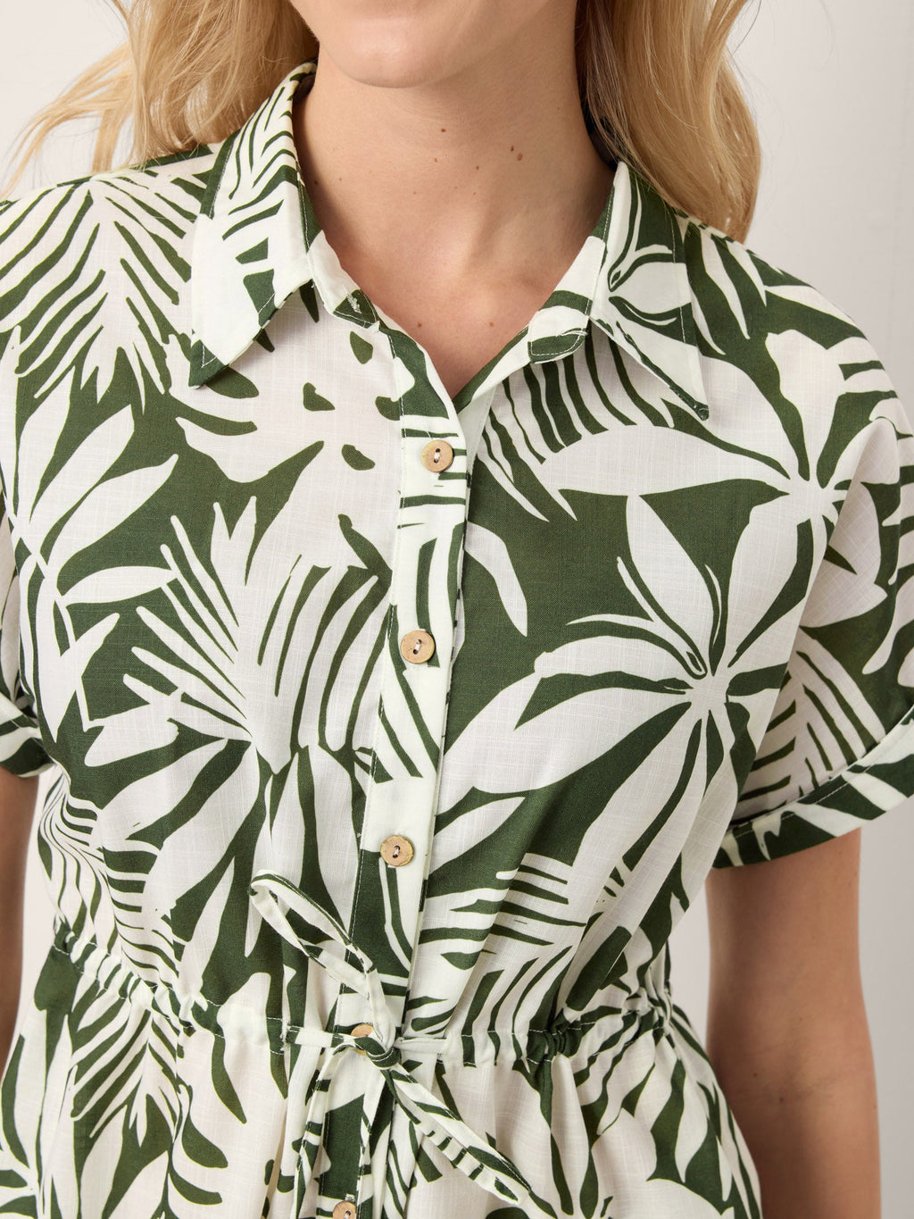 Linen Palm Print Drawstring Waist Cuffed Sleeve Midi Shirt Dress AURELIA