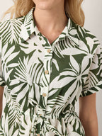 Linen Palm Print Drawstring Waist Cuffed Sleeve Midi Shirt Dress AURELIA