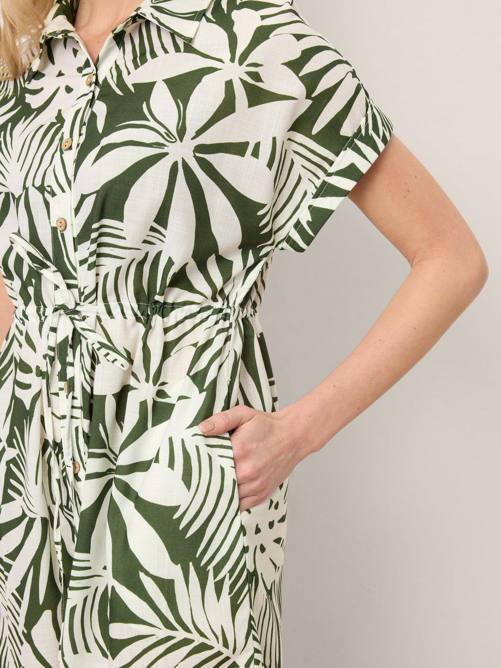 Linen Palm Print Drawstring Waist Cuffed Sleeve Midi Shirt Dress AURELIA