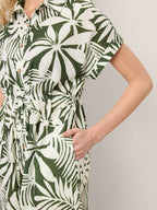 Linen Palm Print Drawstring Waist Cuffed Sleeve Midi Shirt Dress AURELIA