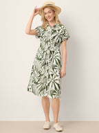 Linen Palm Print Drawstring Waist Cuffed Sleeve Midi Shirt Dress AURELIA
