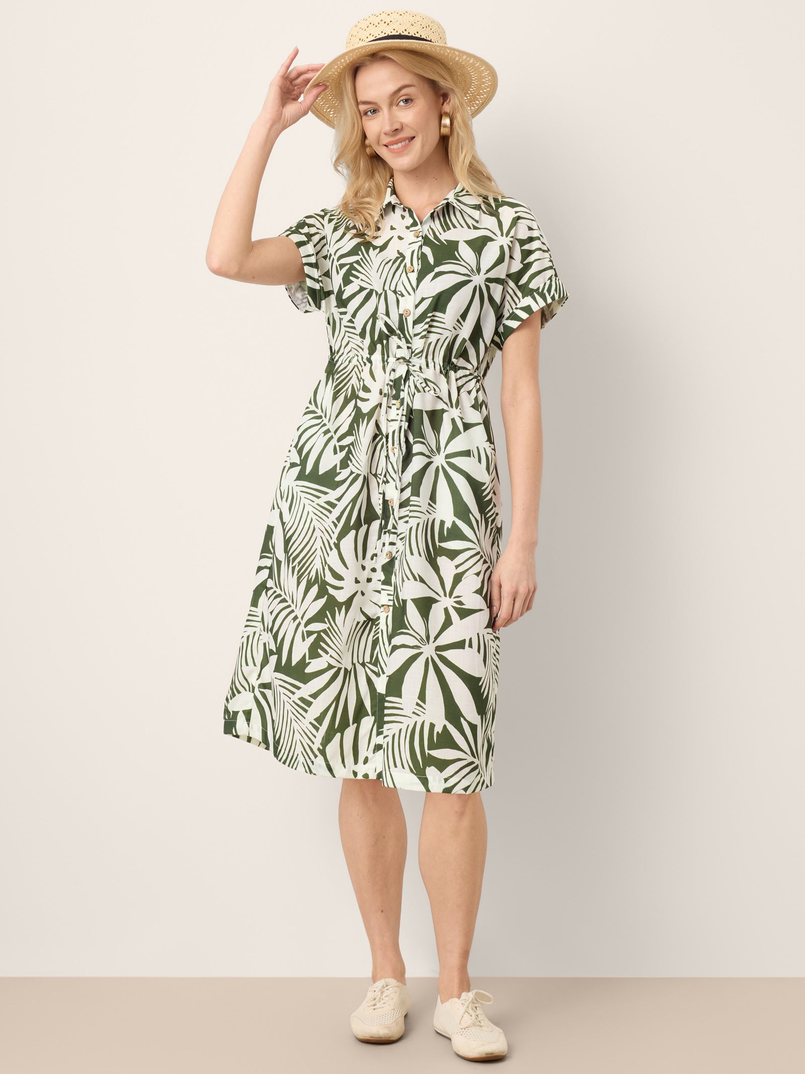 Linen Palm Print Drawstring Waist Cuffed Sleeve Midi Shirt Dress AURELIA