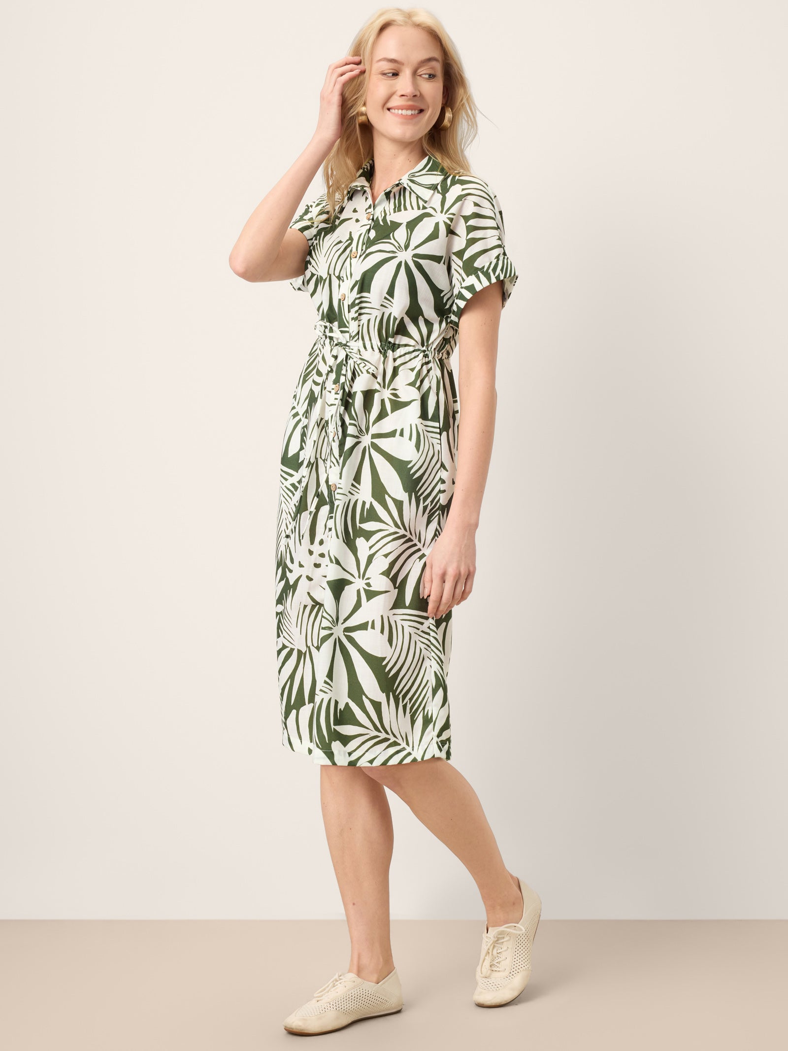 Linen Palm Print Drawstring Waist Cuffed Sleeve Midi Shirt Dress AURELIA