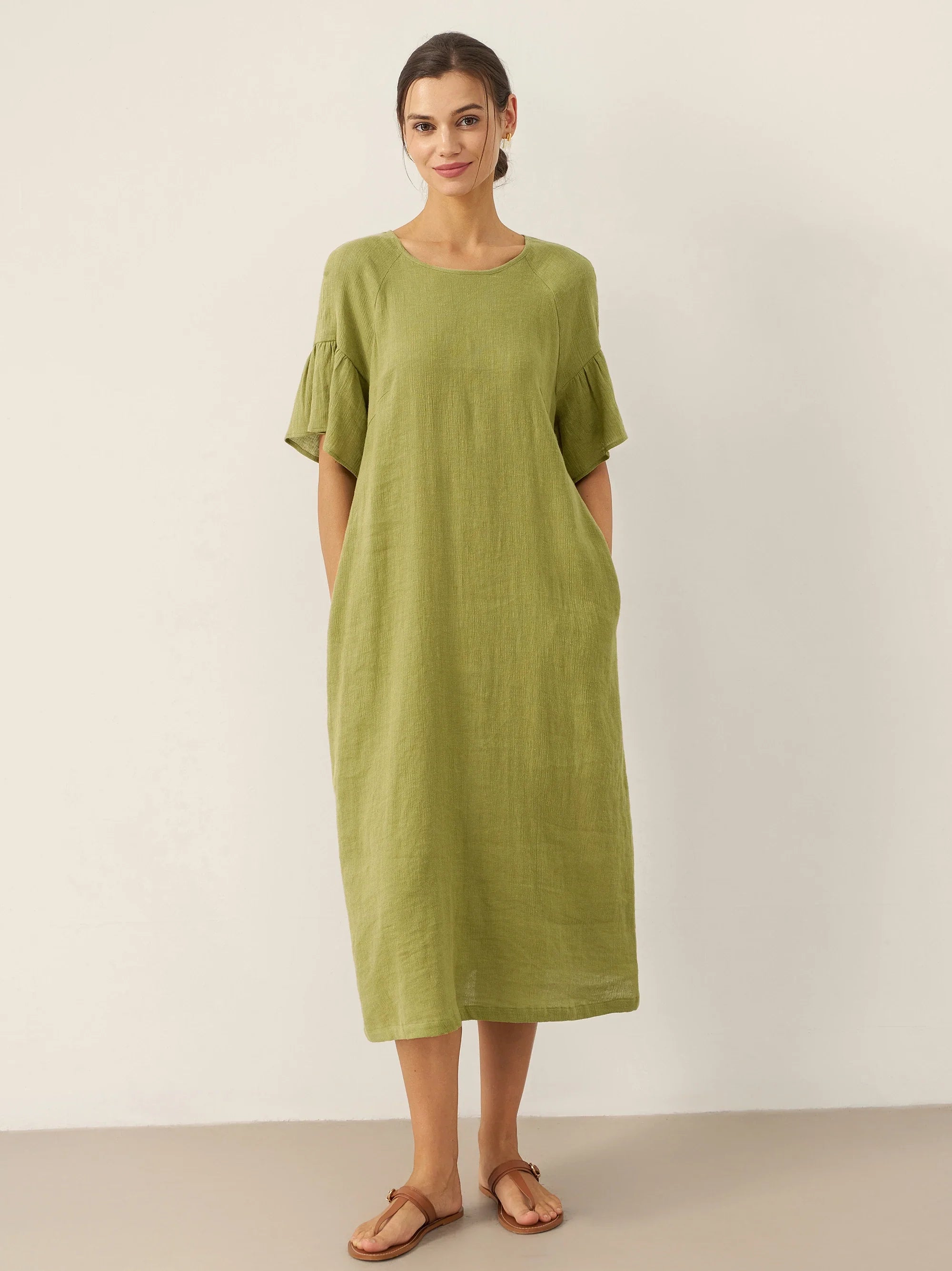 LINTICO Linen Round Neck Flutter Sleeve Maxi Dress WINNIE — main product shot