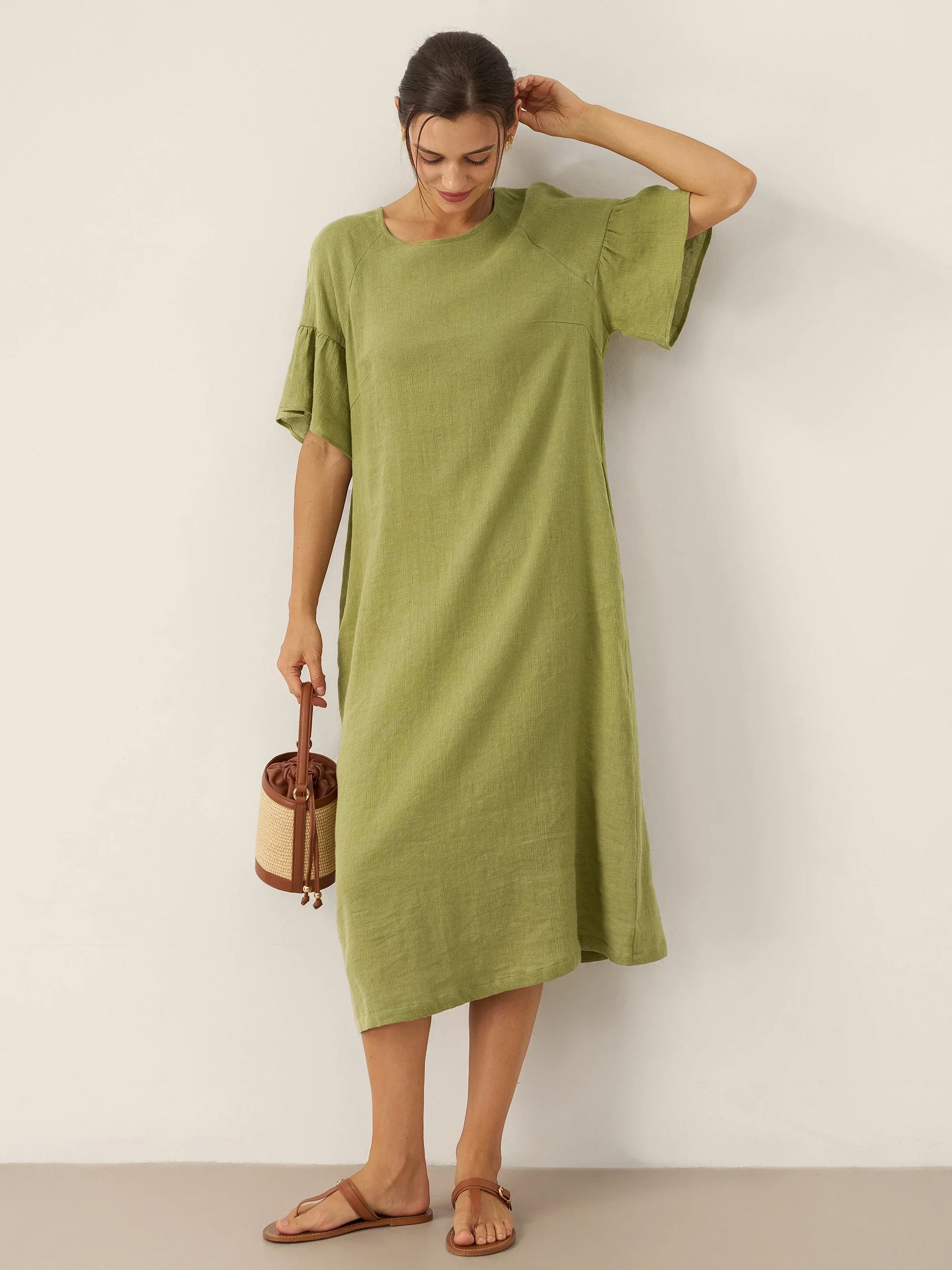 LINTICO Linen Round Neck Flutter Sleeve Maxi Dress WINNIE — detail shot 7