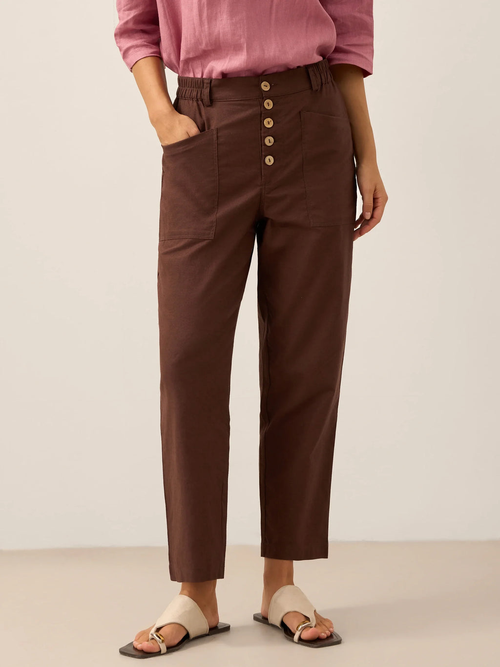 LINTICO Linen Simple Button Fly Trousers HEIDI — fabric or material detail