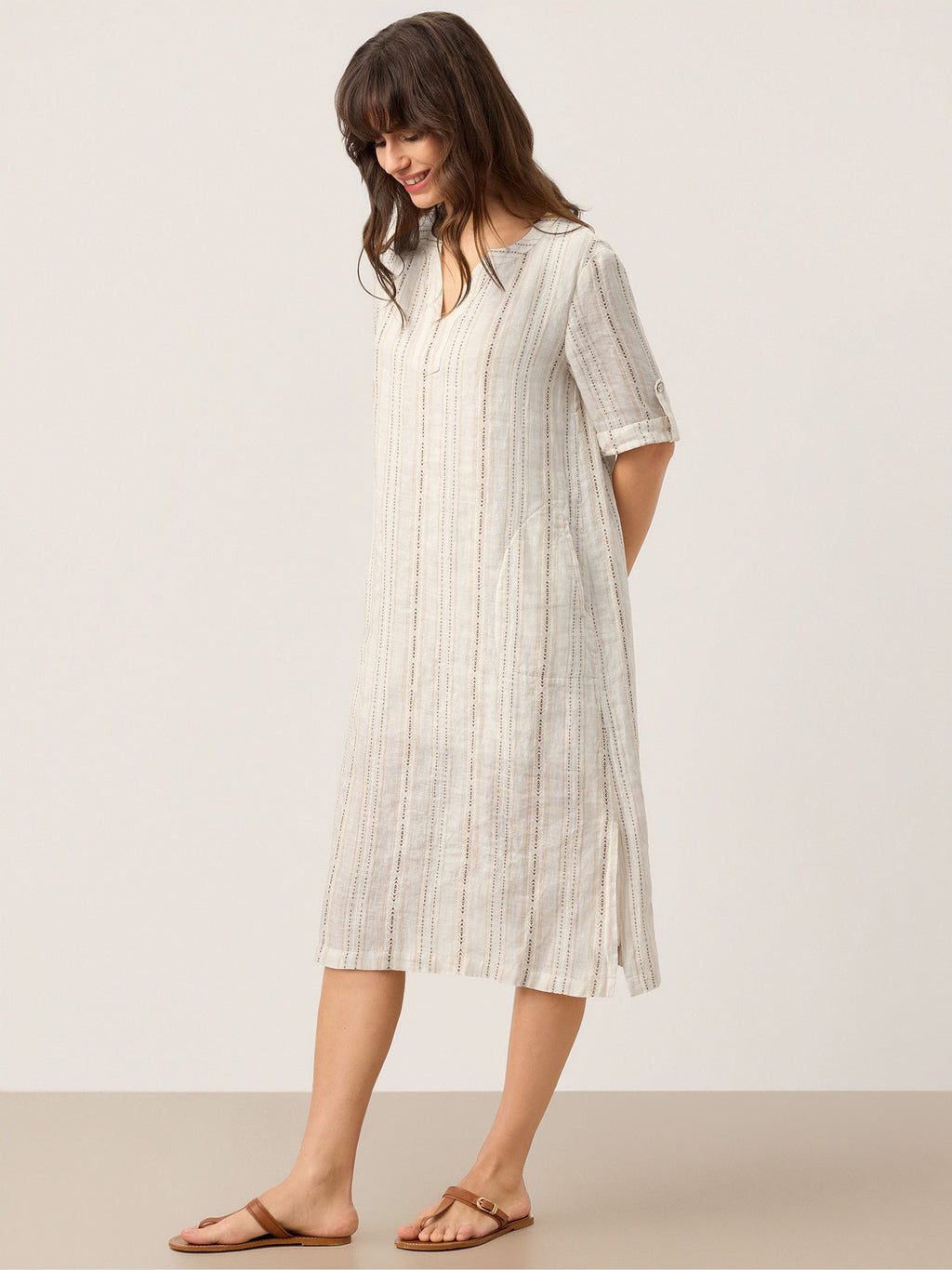 LINTICO Linen Striped Notch Neck Tab-Cuff Bohemian Midi Dress ALTHEA — back view