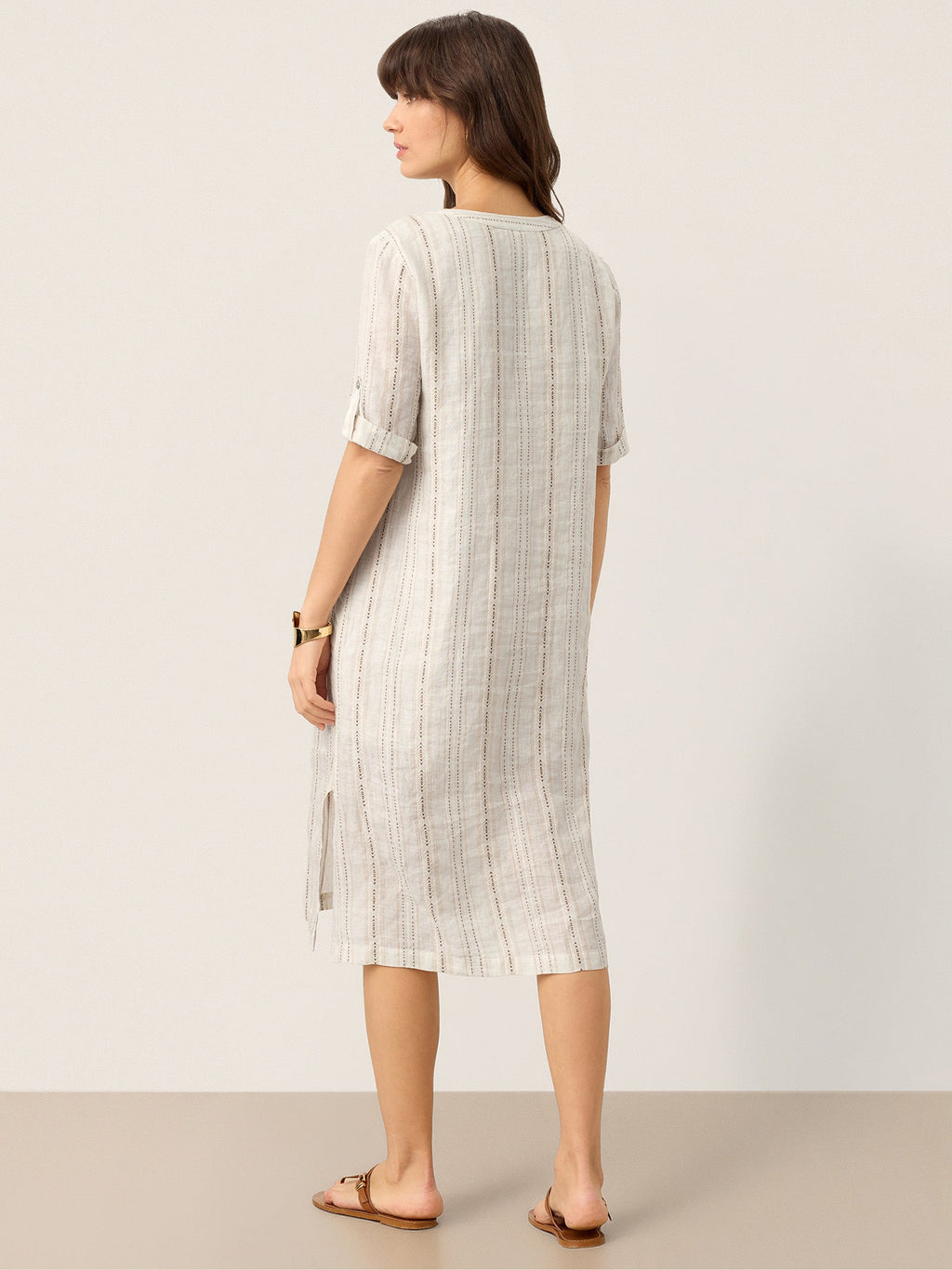 LINTICO Linen Striped Notch Neck Tab-Cuff Bohemian Midi Dress ALTHEA — lifestyle context