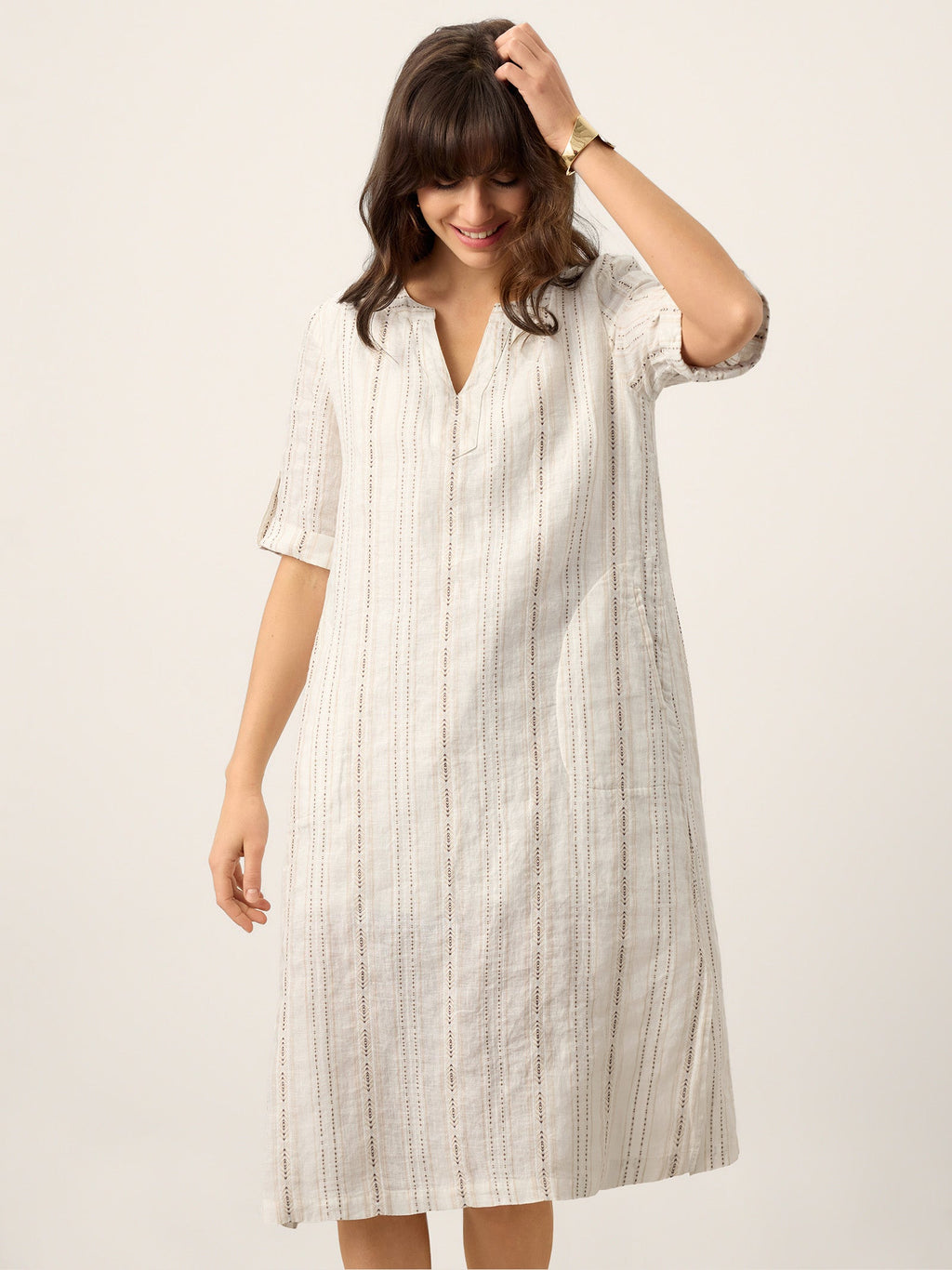 LINTICO Linen Striped Notch Neck Tab-Cuff Bohemian Midi Dress ALTHEA — alternative angle