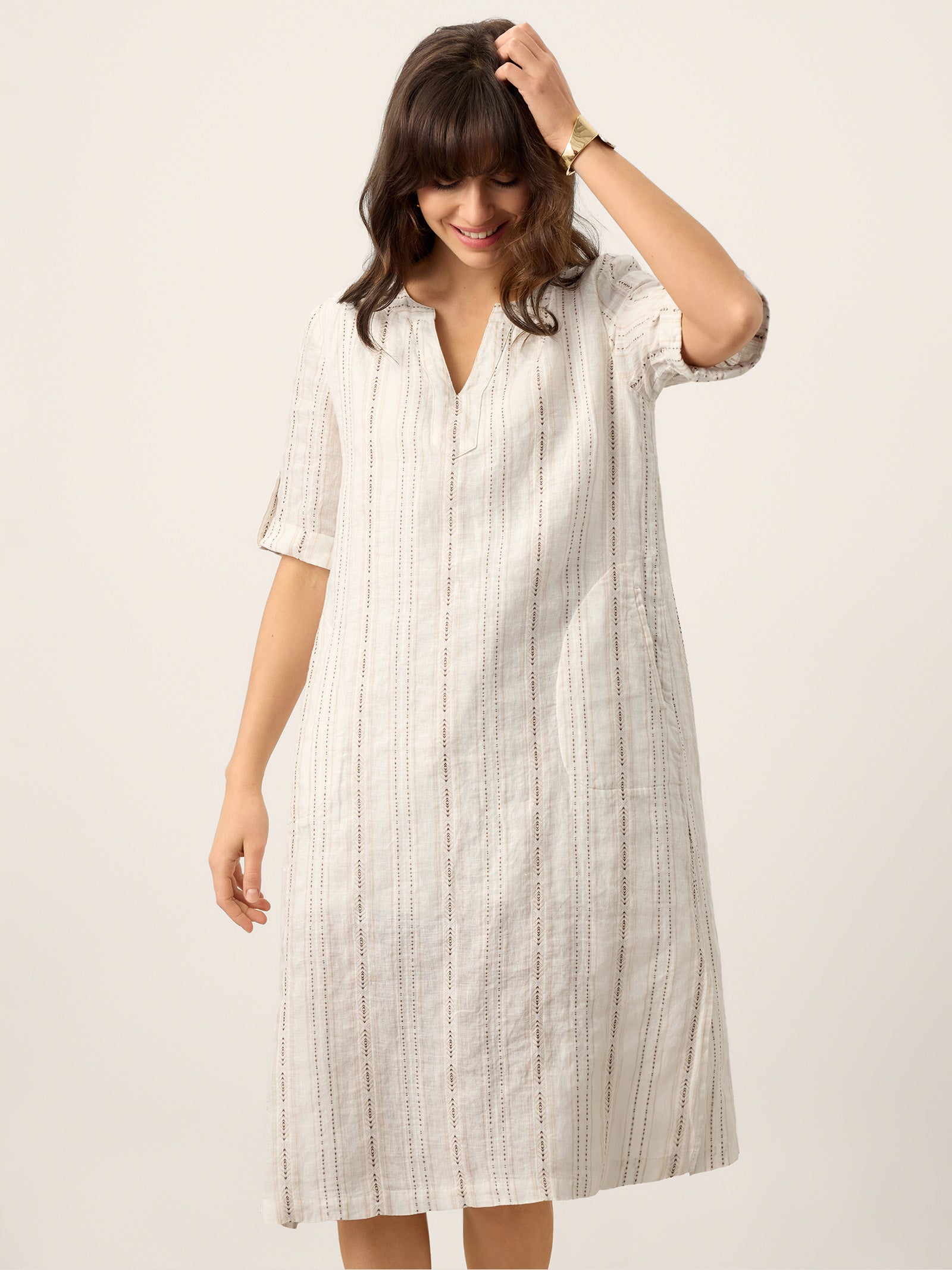 LINTICO Linen Striped Notch Neck Tab-Cuff Bohemian Midi Dress ALTHEA — alternative angle