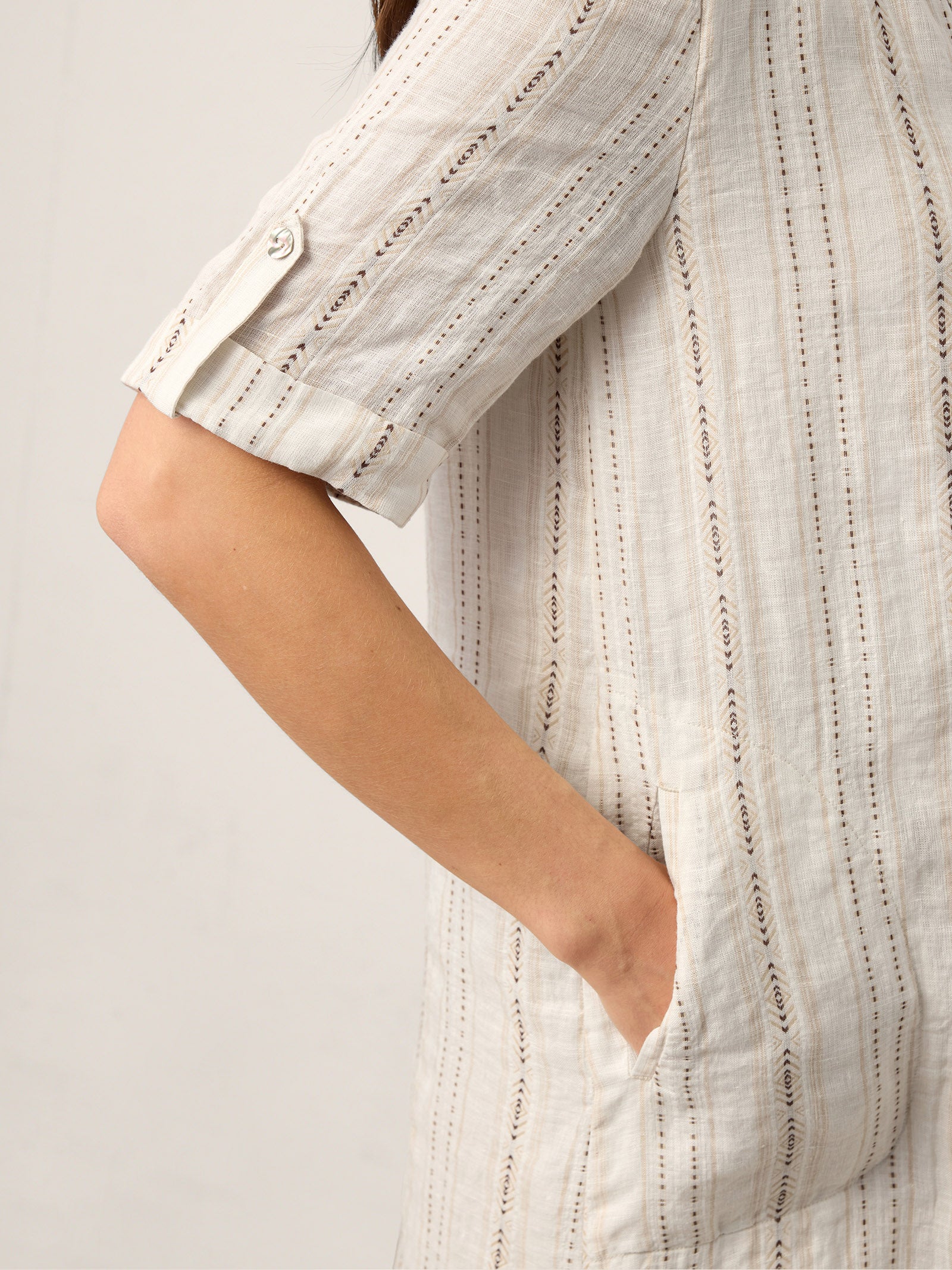 LINTICO Linen Striped Notch Neck Tab-Cuff Bohemian Midi Dress ALTHEA — in-use photo