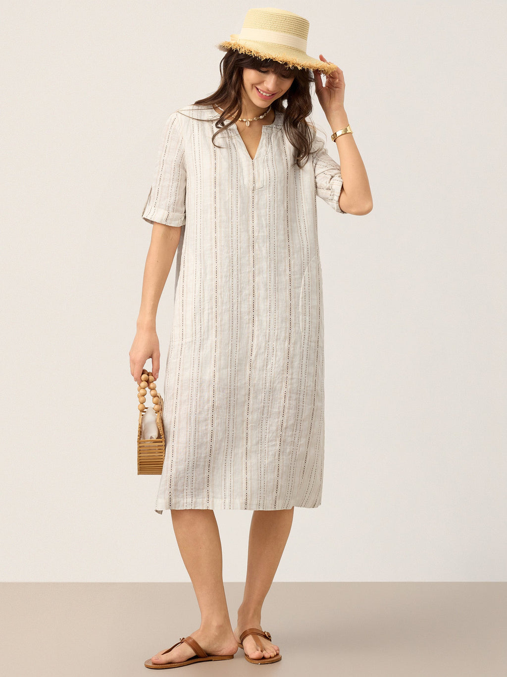 LINTICO Linen Striped Notch Neck Tab-Cuff Bohemian Midi Dress ALTHEA — color detail