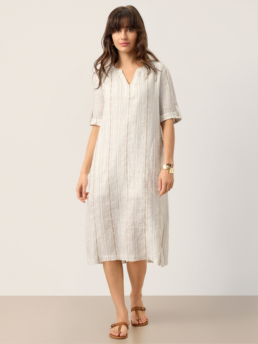 LINTICO Linen Striped Notch Neck Tab-Cuff Bohemian Midi Dress ALTHEA — side view