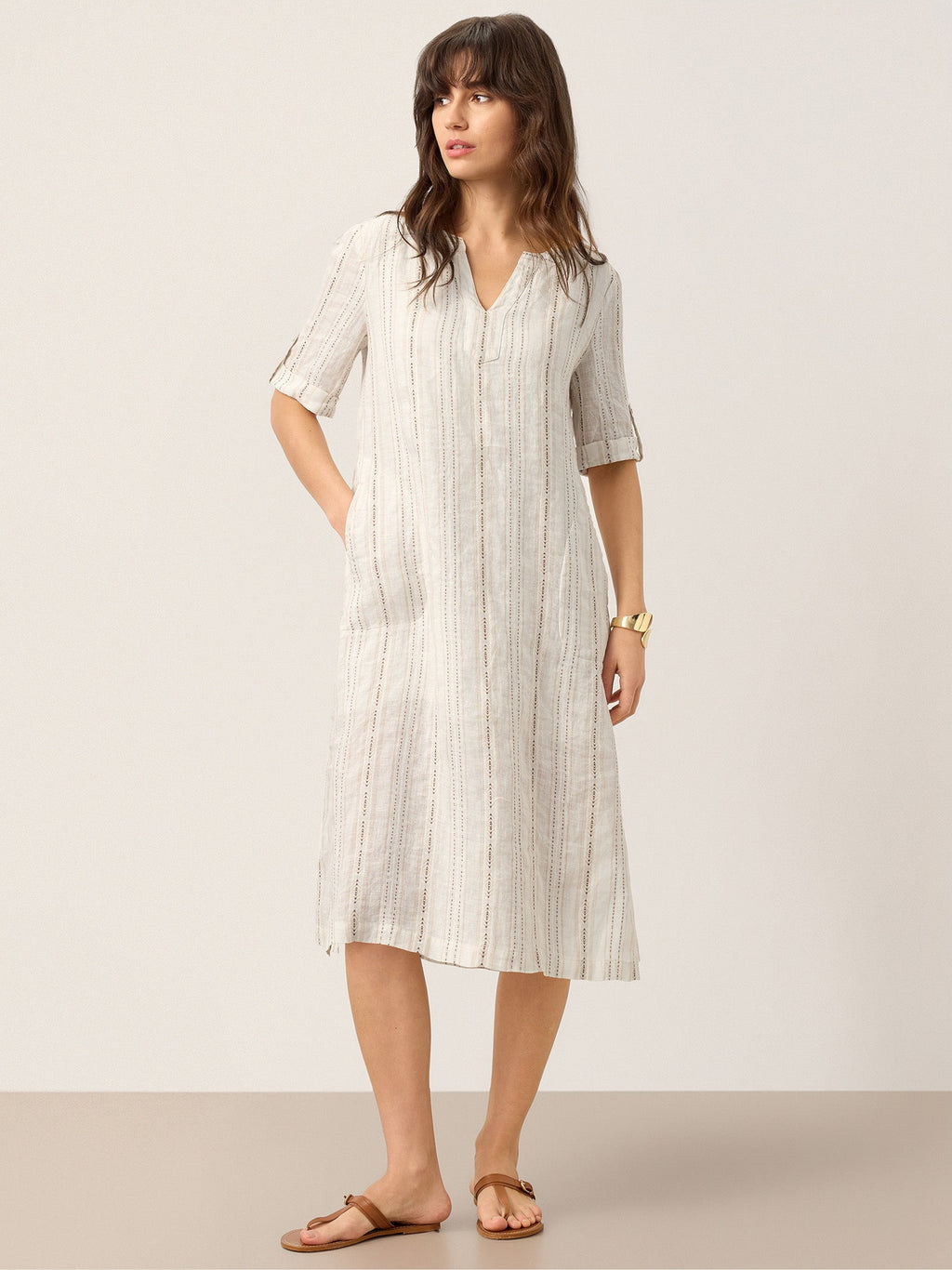 LINTICO Linen Striped Notch Neck Tab-Cuff Bohemian Midi Dress ALTHEA — main product shot