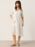 LINTICO Linen Striped Notch Neck Tab-Cuff Bohemian Midi Dress ALTHEA — main product shot