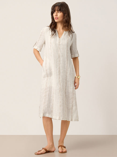 LINTICO Linen Striped Notch Neck Tab-Cuff Bohemian Midi Dress ALTHEA — main product shot