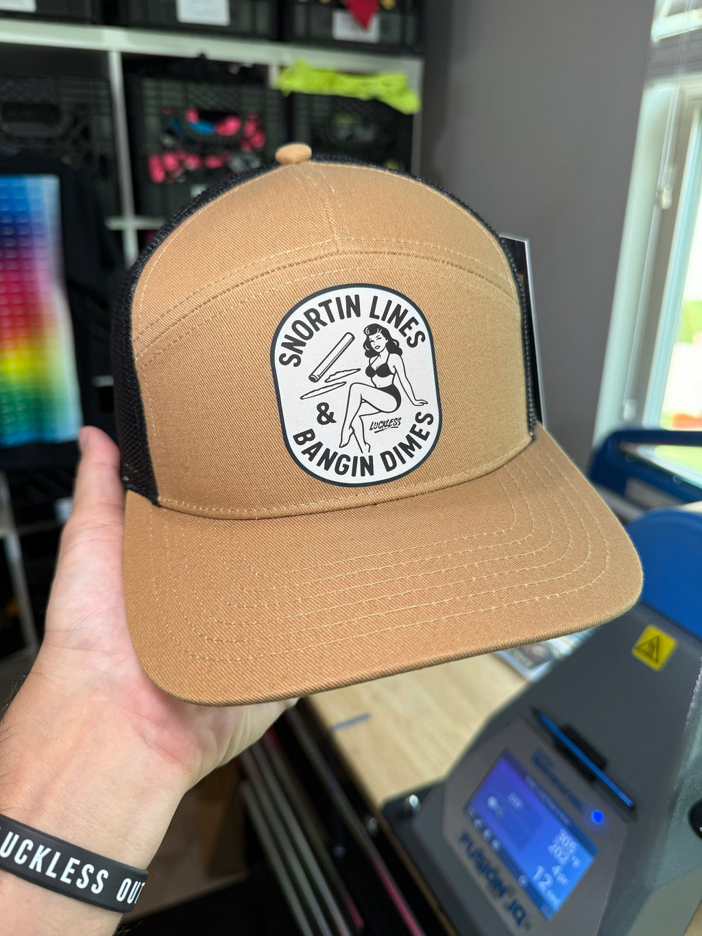Luckless Outfitters Lines and Dimes 7 Panel Snapback Hat — back view