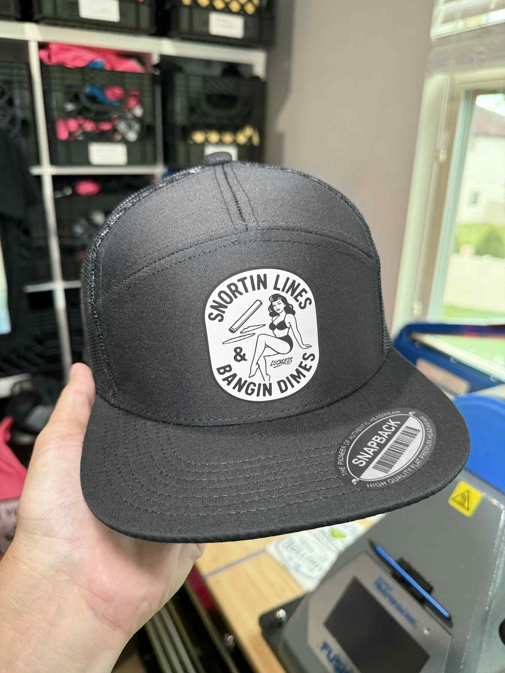 Luckless Outfitters Lines and Dimes 7 Panel Snapback Hat — lifestyle context